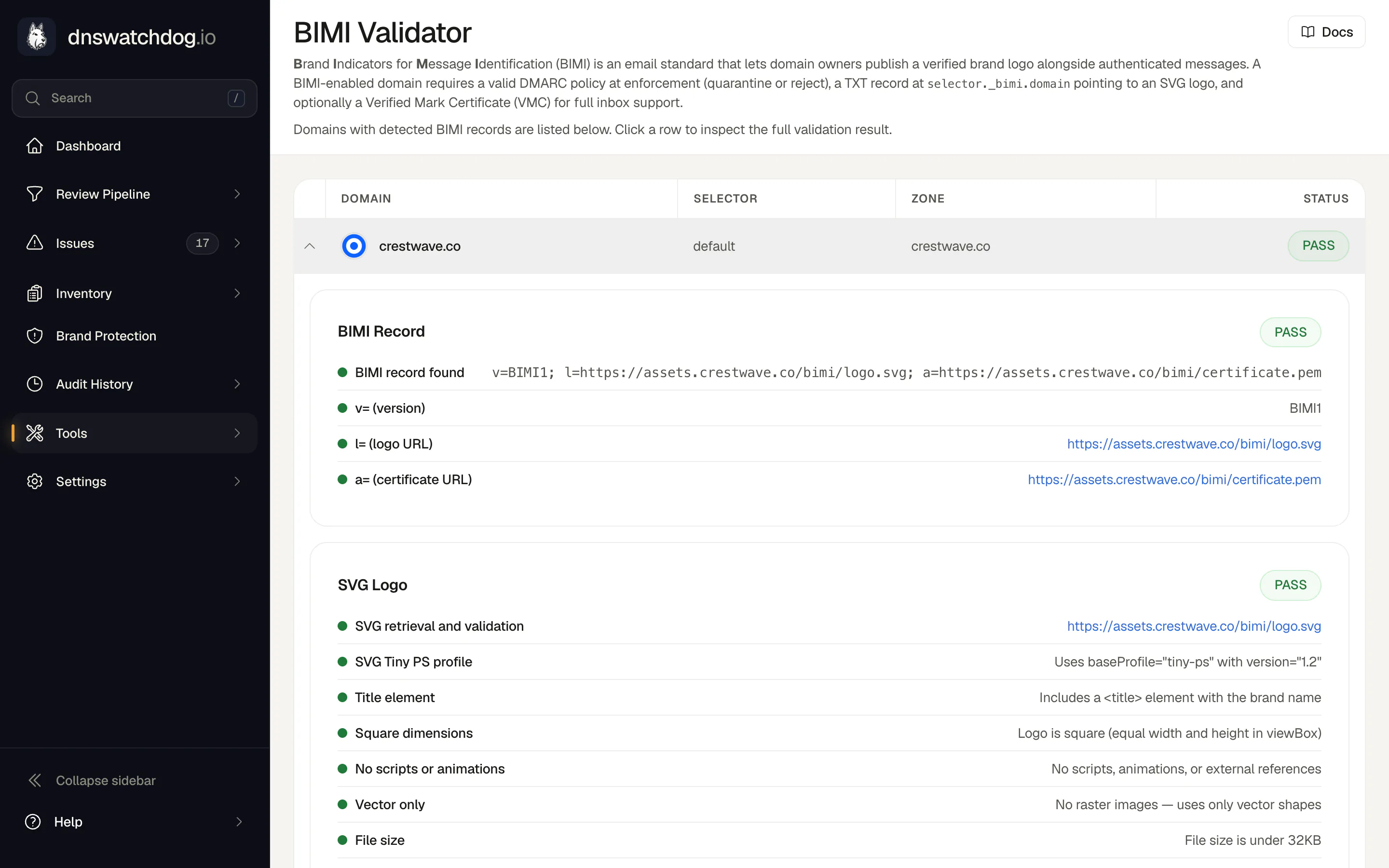 BIMI Validator with a domain expanded to show the parsed BIMI record, logo and certificate URLs, and the SVG logo checks that passed.