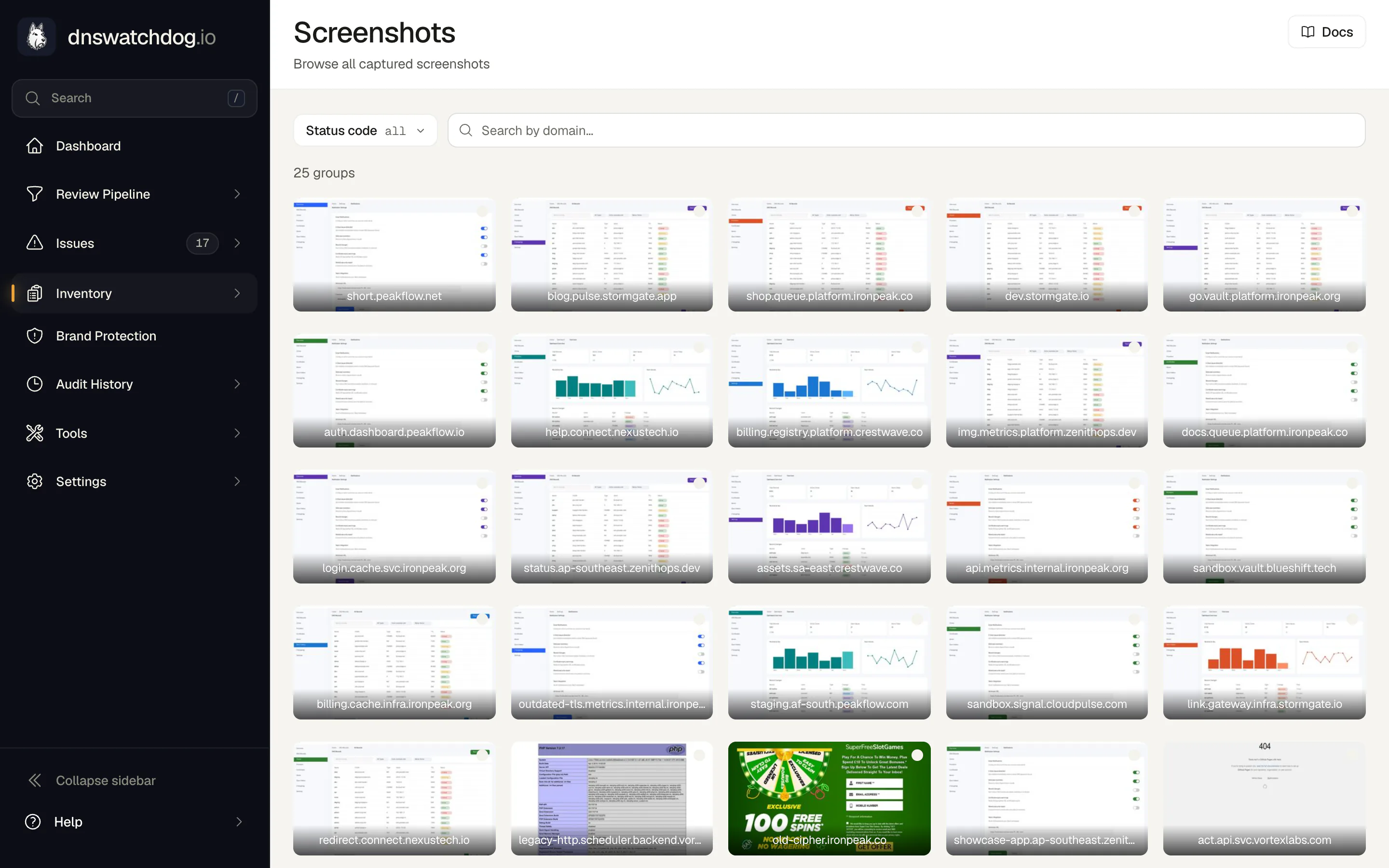 DNS Watchdog Screenshots gallery: captured web pages grouped by visual similarity, each thumbnail labelled with its hostname