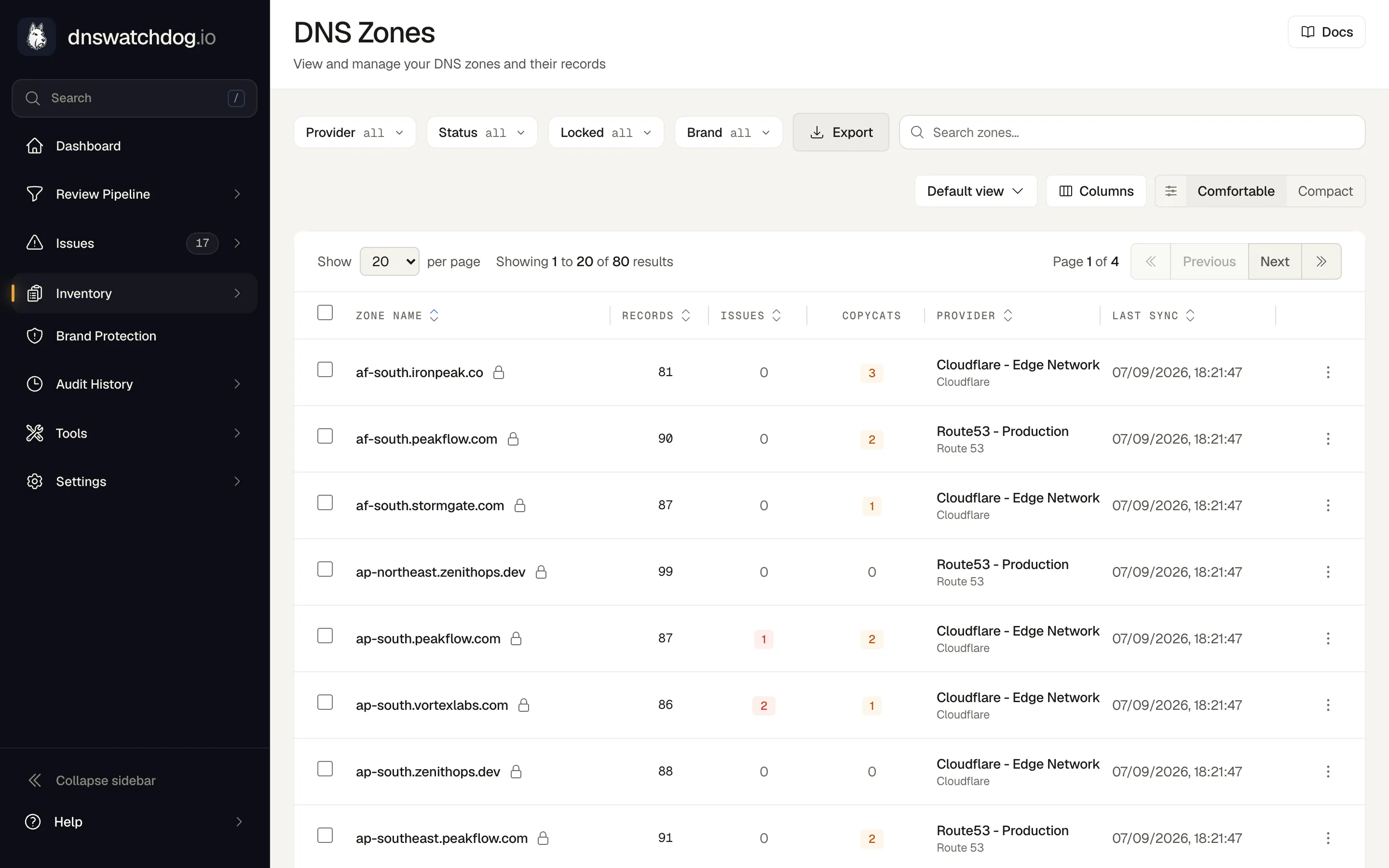 DNS Zones inventory listing zones from Cloudflare and Route 53 side by side with record counts, open issues, provider and last sync time.