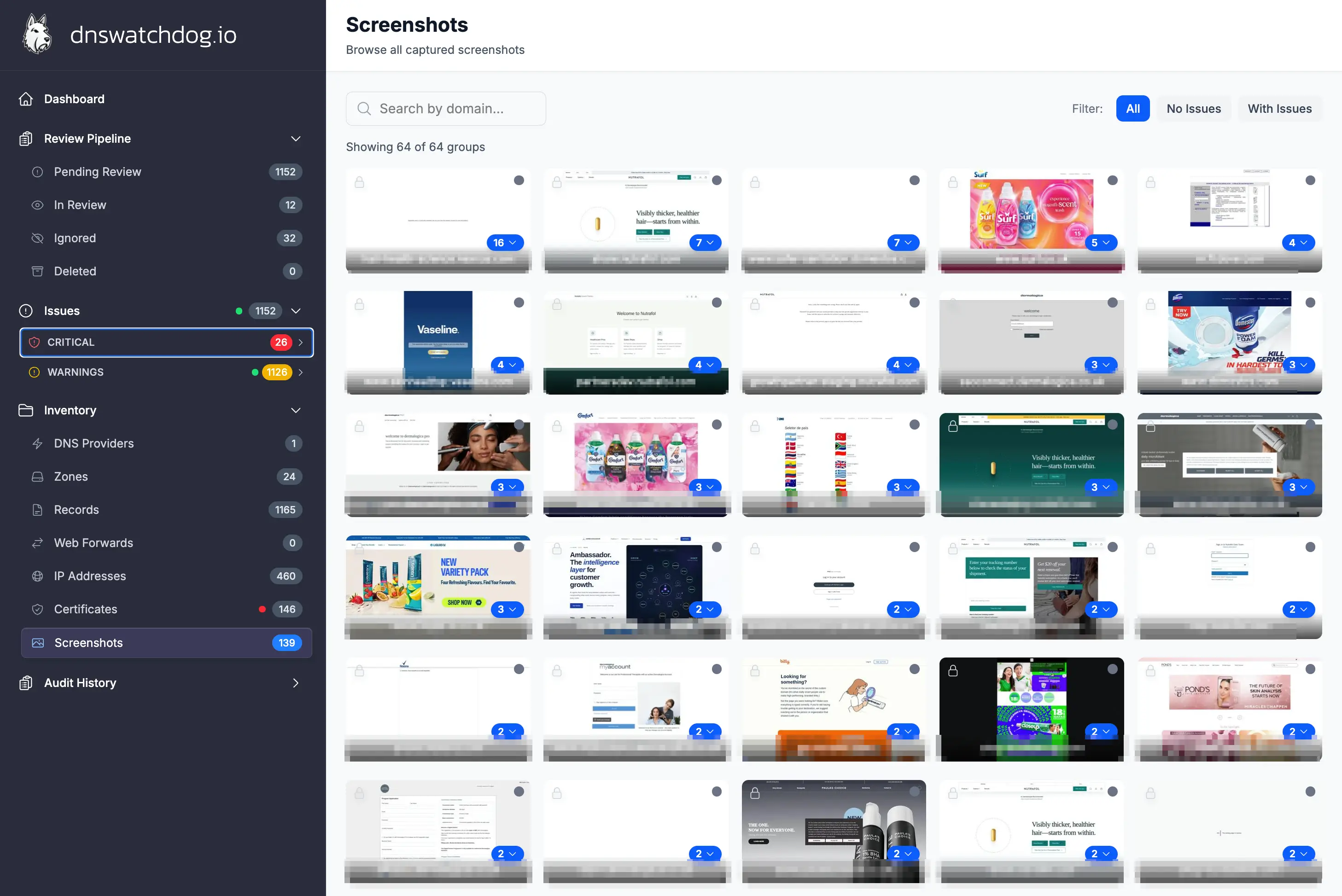 DNS Watchdog product interface showing security scan results, record details, and monitoring status across connected providers