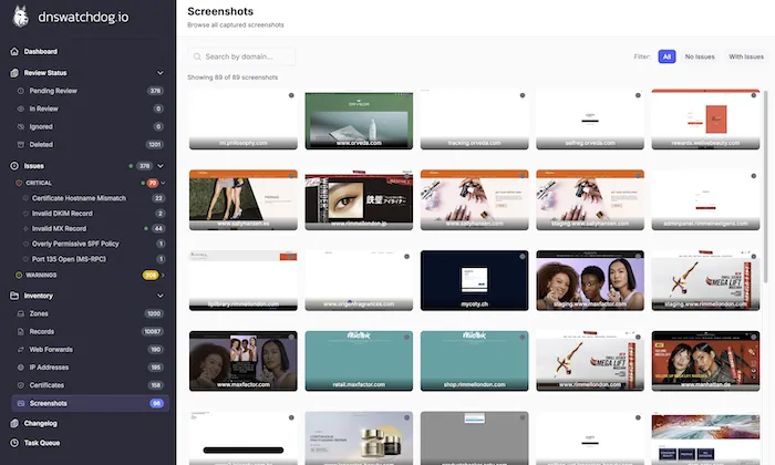 DNS Watchdog product interface showing security scan results, record details, and monitoring status across connected providers
